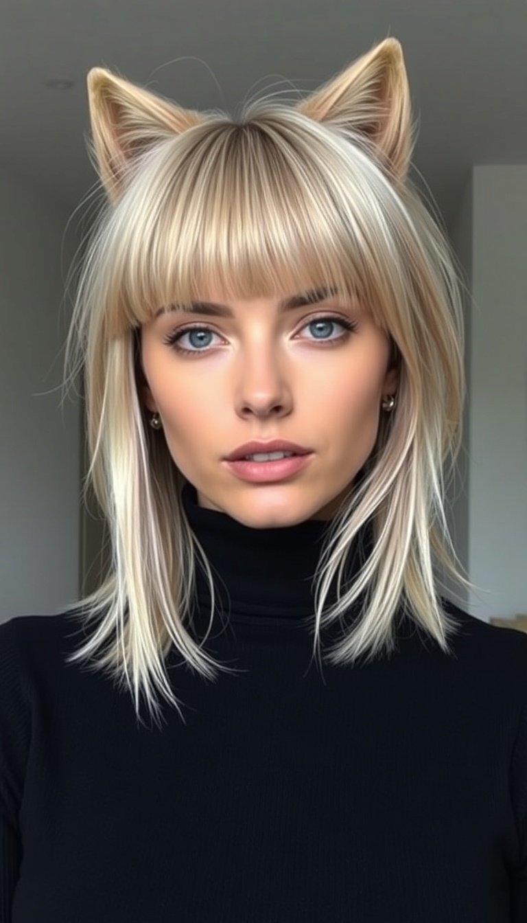 Ash Blonde Wolf Cut With Blunt Bangs
