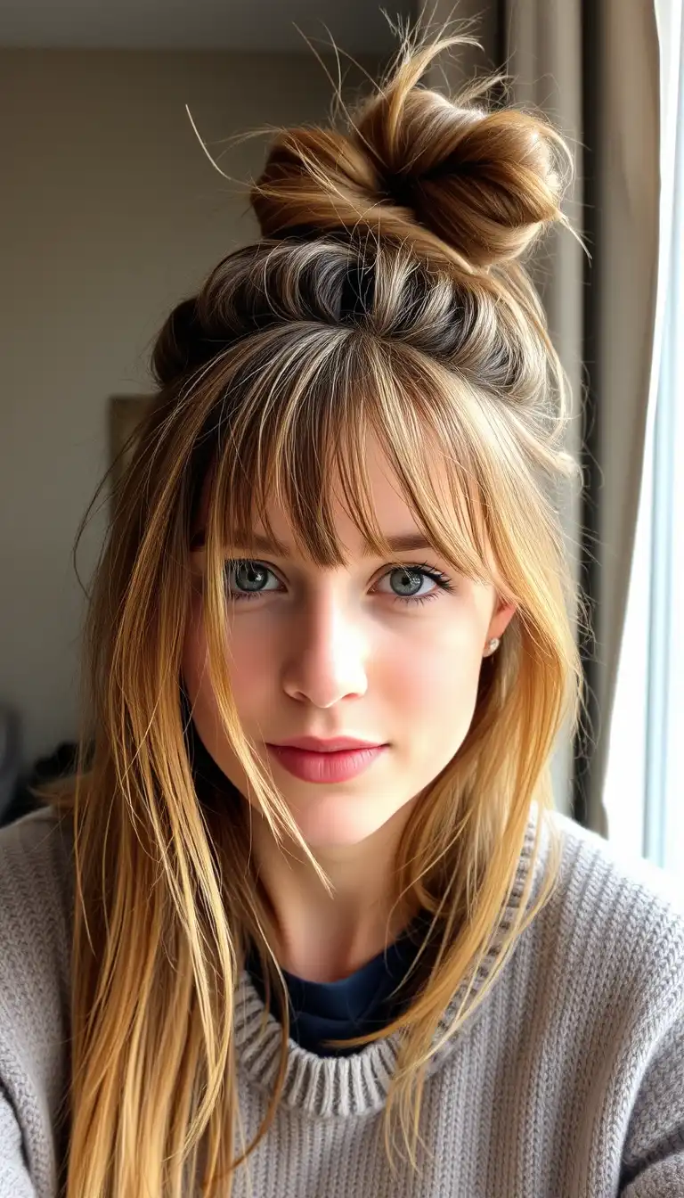 Long Messy Bun with Curtain Bangs